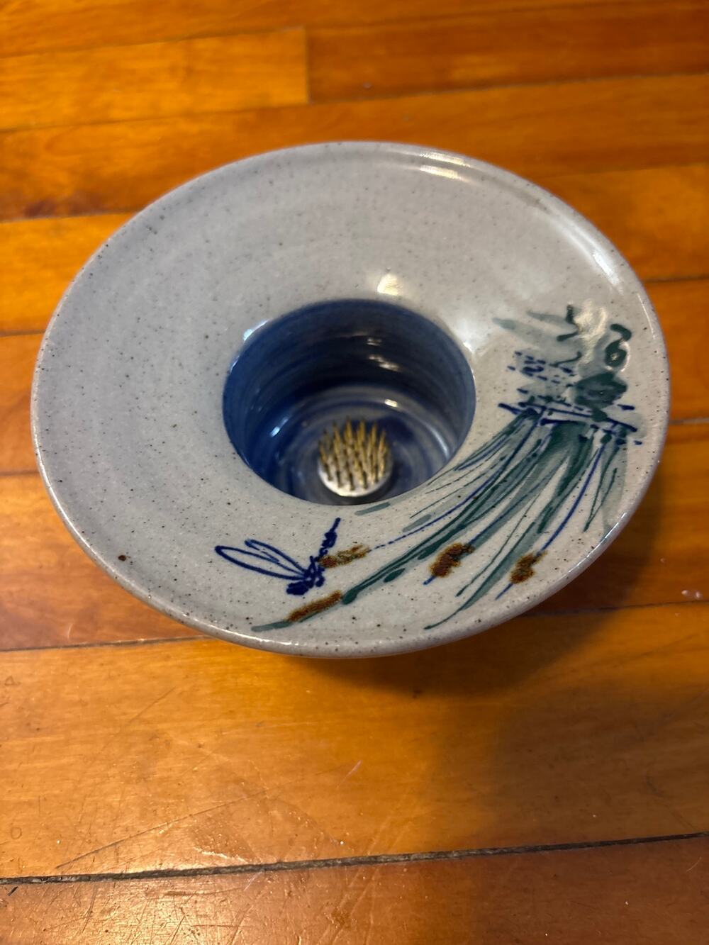Great Bay Pottery Ikebana Flower Frog Vase Signed dragonfly and cat tails 2002